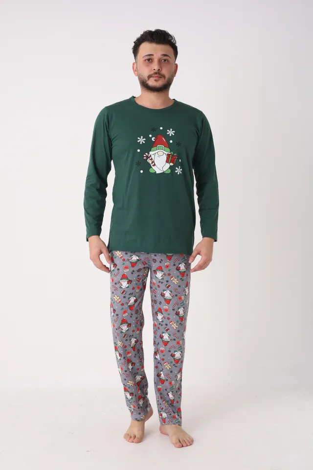 Pijama bărbat Crăciun în verde, cu imprimeu de figurine de Crăciun