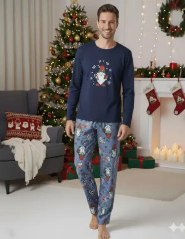 Pijama bărbat Crăciun în bleumarin, cu imprimeu de figurine de Crăciun hover