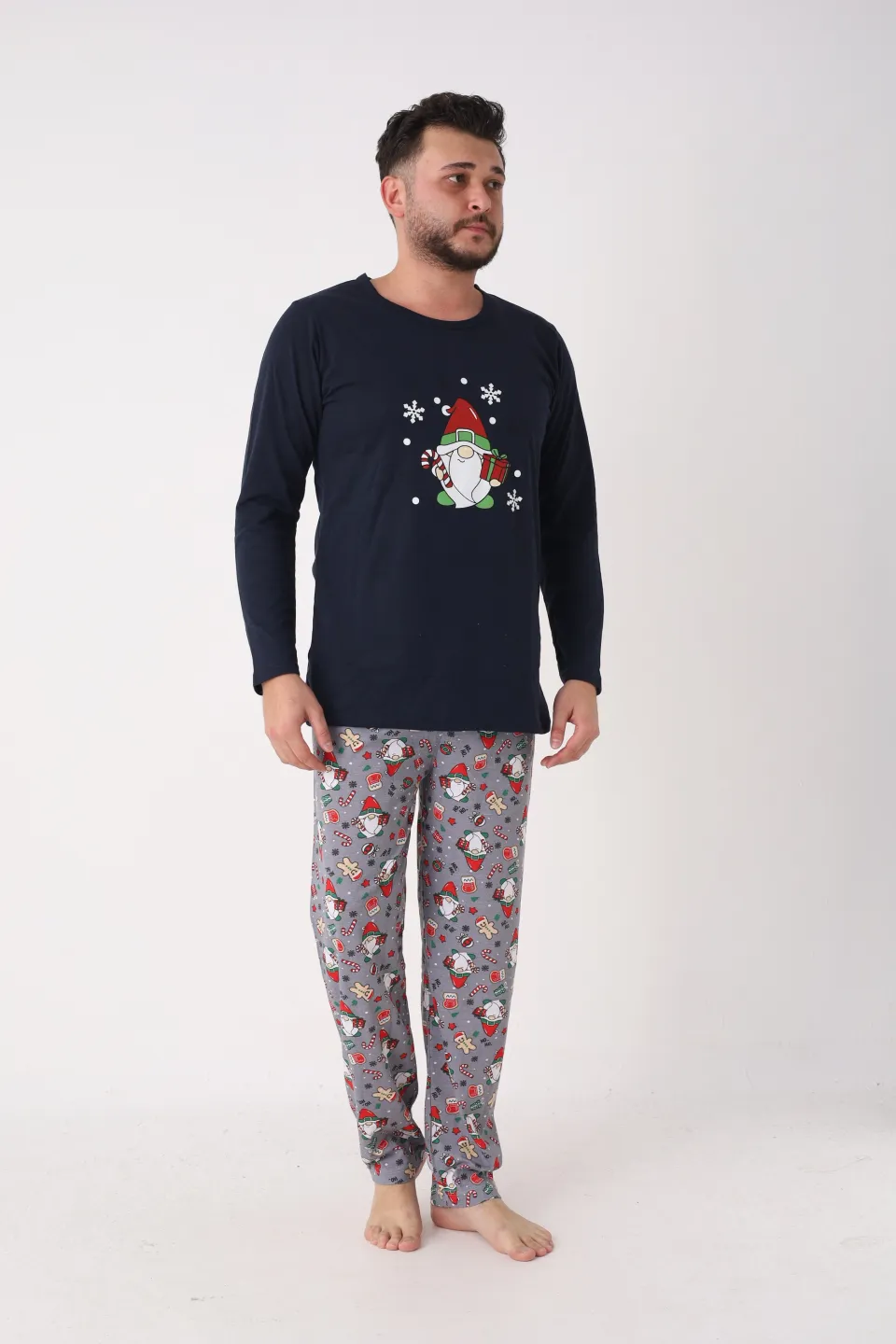 Pijama bărbat Crăciun în bleumarin, cu imprimeu de figurine de Crăciun - 5