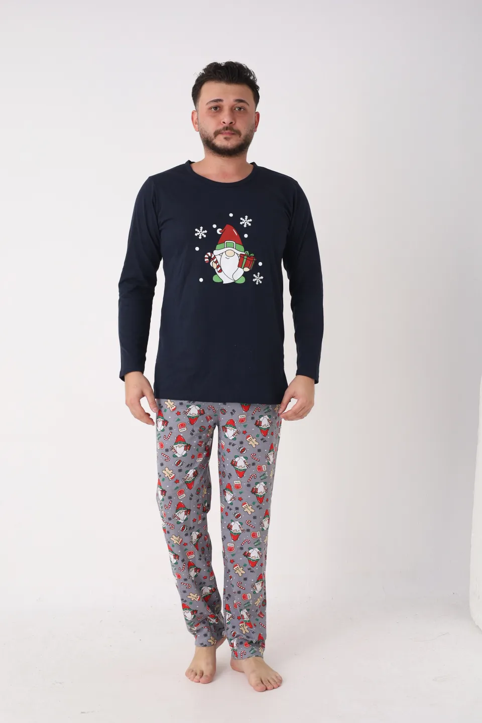 Pijama bărbat Crăciun în bleumarin, cu imprimeu de figurine de Crăciun - 6