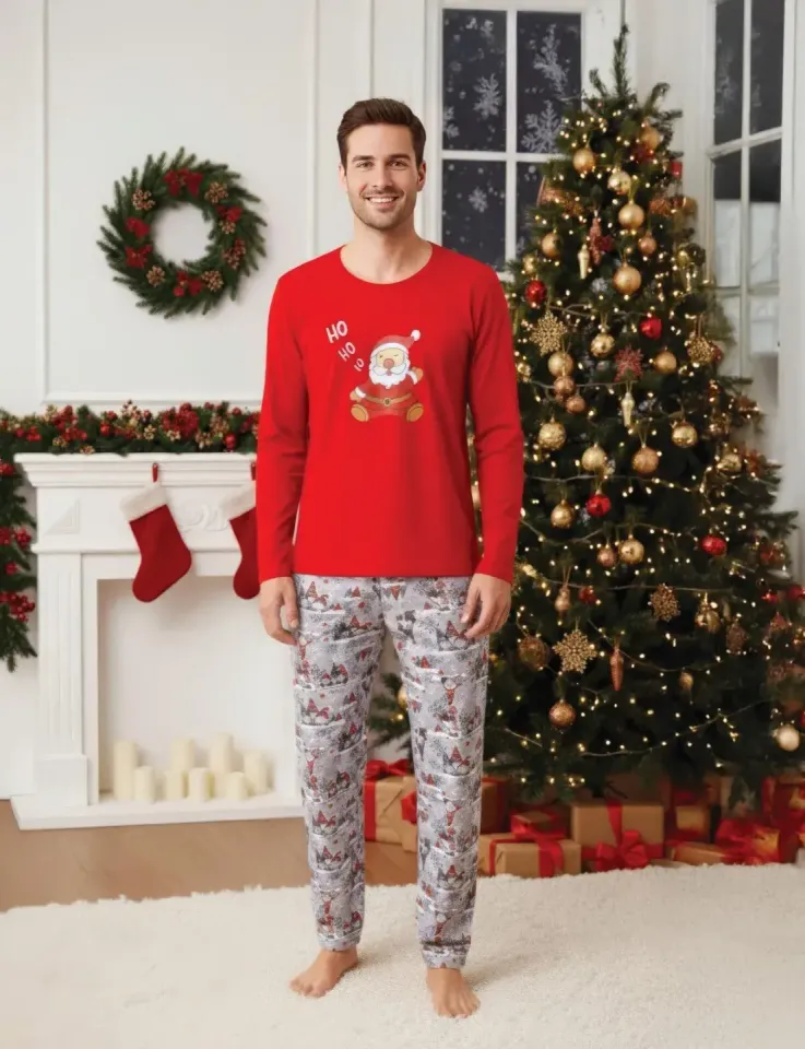 Pijama bărbat Crăciun în roșu, cu model Moș Crăciun